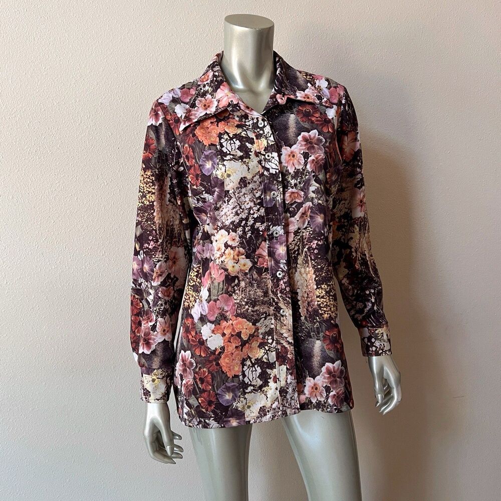 Vintage Floral Photo Print Blouse Shirt Large Button Up Top Autumn Boho 70s - Picture 3 of 13